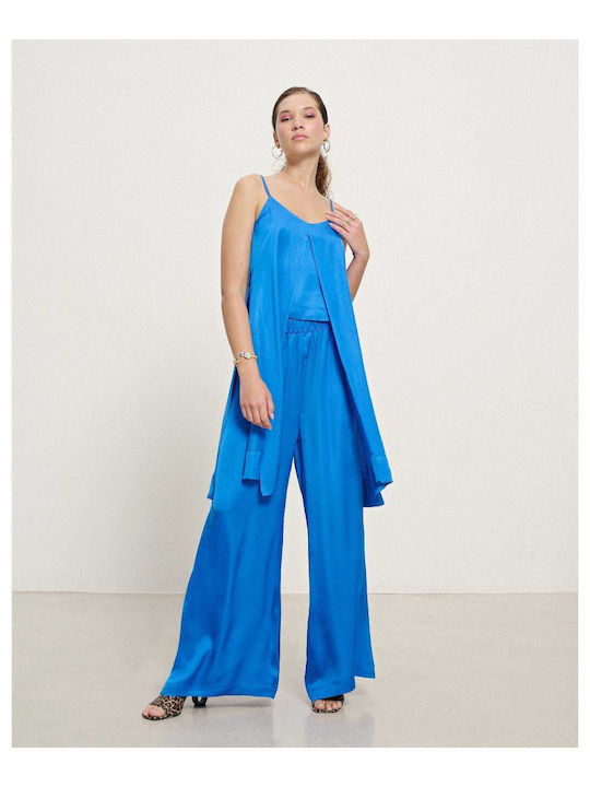 Passager Women's High-waisted Satin Trousers with Elastic Blue