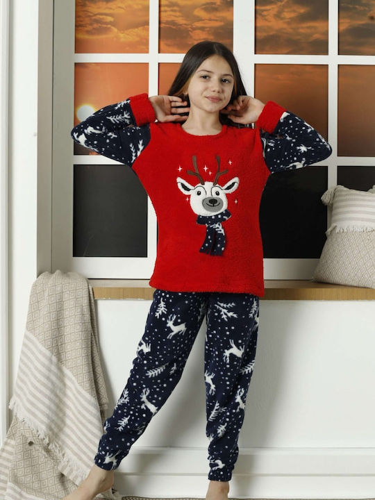 Lindros Set Top & Bottom Kids Winter Fleece Pyjamas Red