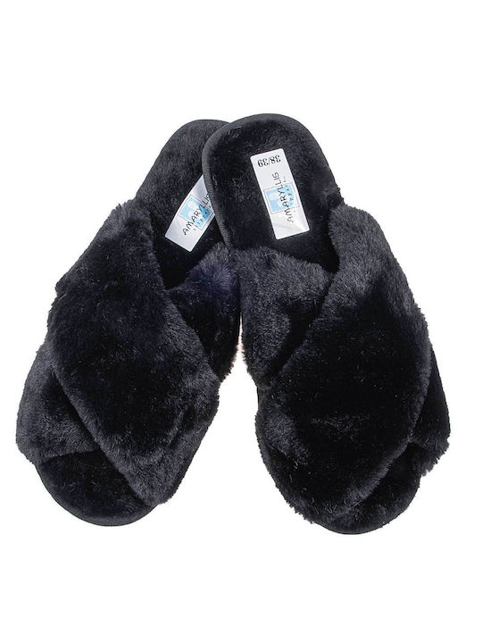 Amaryllis Slippers Χειμερινές Γυναικείες Παντόφλες με γούνα σε Μαύρο Χρώμα