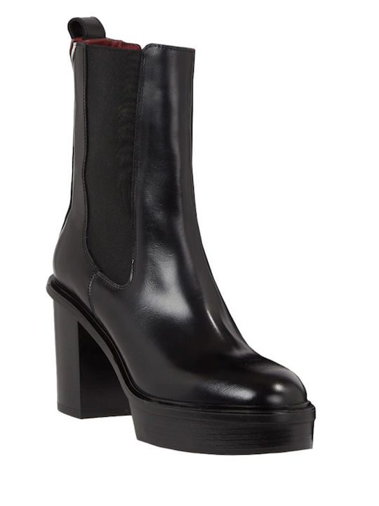 Tommy Hilfiger Leather Women's Chelsea Boots with High Heel Black