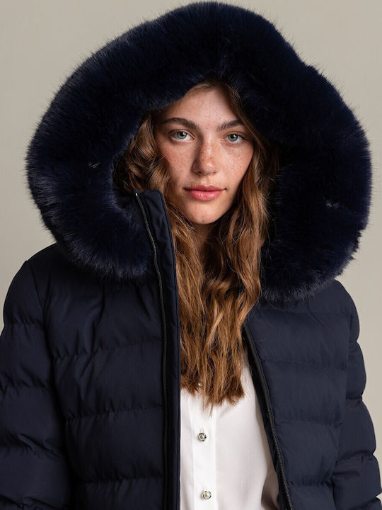 Women's Short Puffer Jacket for Winter with Hood Navy Blue