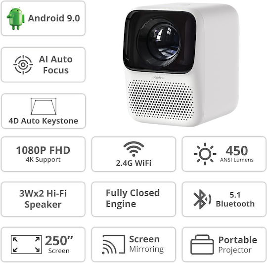 Wanbo T2 Max New Mini Projektor LCD Full HD LED-Lampe mit Wi-Fi und Eingebauten Lautsprechern Weiß
