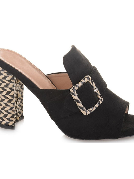 Suede Mules με Χοντρό Ψηλό Τακούνι σε Μαύρο Χρώμα
