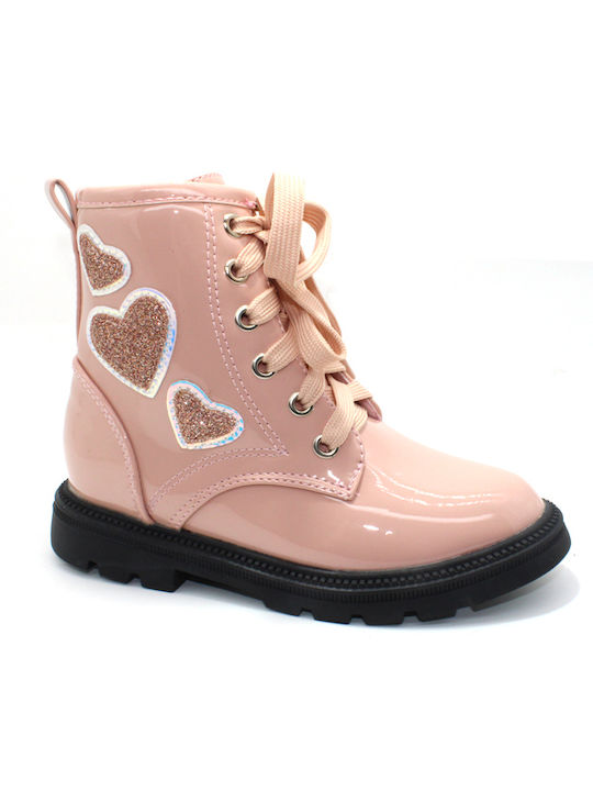 Le Petit Kids Patent Leather Military Boots Pink