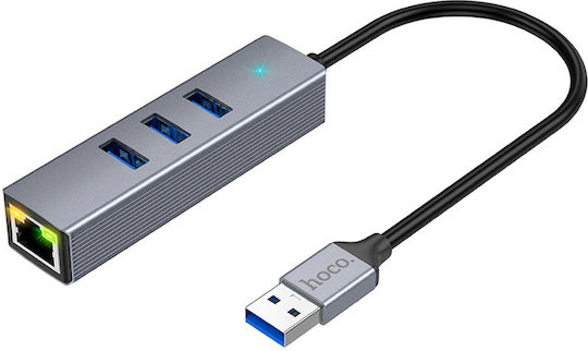 Hoco Easy Link Hb34 USB Хъб с 3 USB 3.0 Порта и USB-A / Ethernet Сив