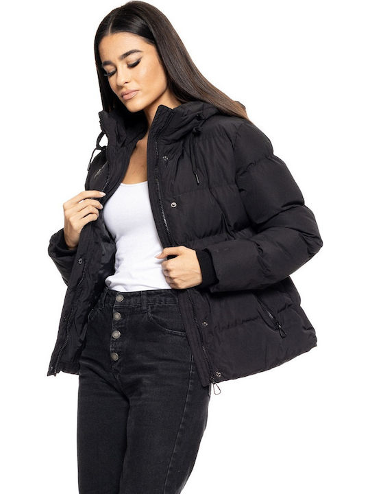 Women's Short Puffer Jacket for Winter with Hood Black
