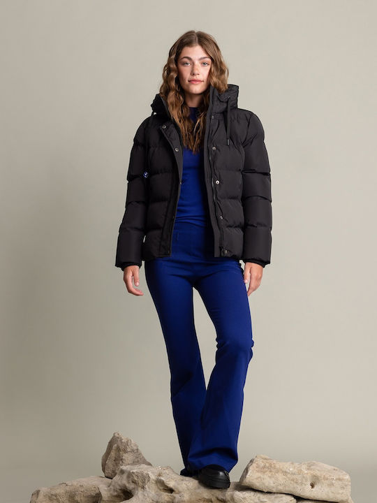 Women's Short Puffer Jacket for Winter with Hood Black