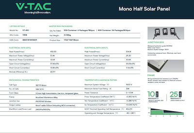 V-TAC 11518 Monokristallin Solarmodul 410W 1722x1134x35mm