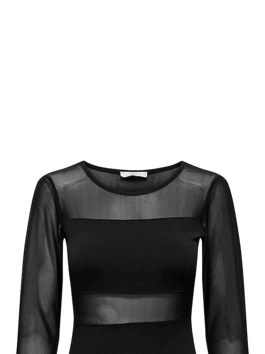 Long Sleeve Bodysuit with Mesh Slim Fit Black