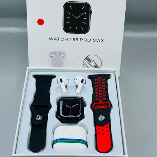 T55 Pro Max + Δώρο Bluetooth Handsfree & 2 λουράκια Aluminium Smartwatch with Heart Rate Monitor (Red)