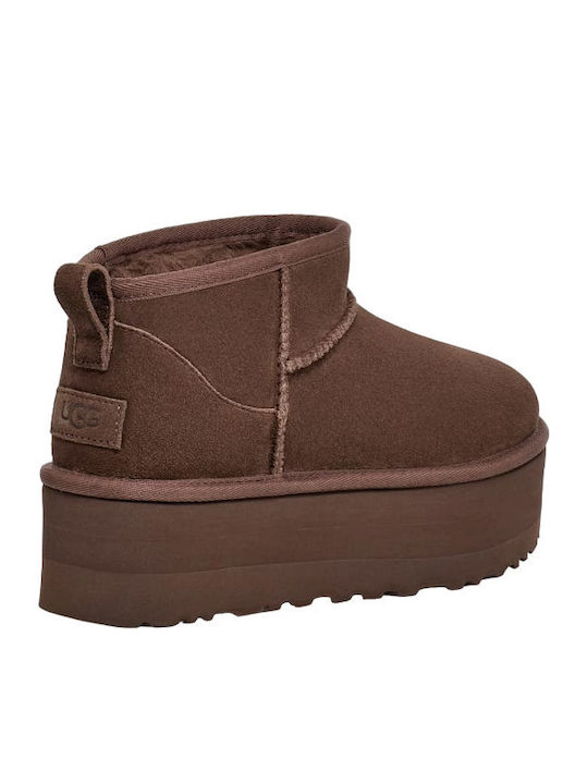Classic Ultra Mini Platform Suede Women's Ankle Boots with Fur Chocolate Brown