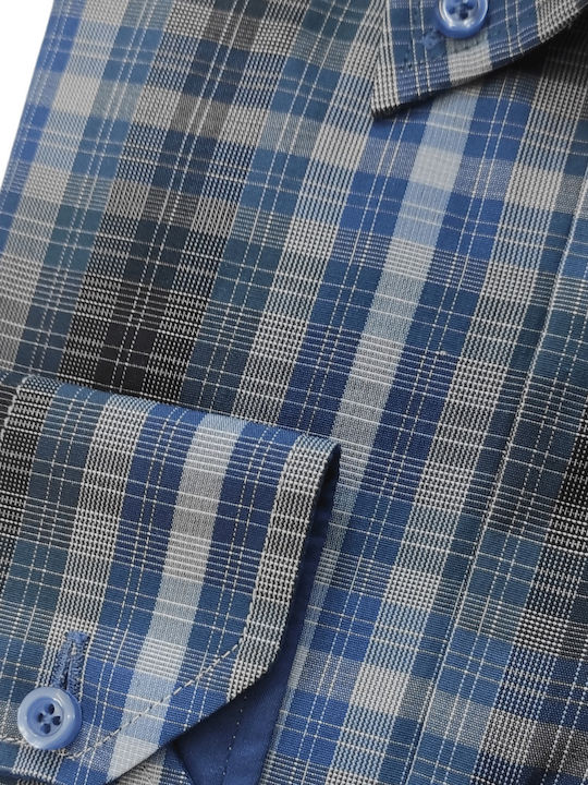 Poligianni Men's Shirt Long Sleeve Checked Blue