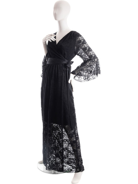 Lui E Lei Maxi Evening Dress with Lace Black