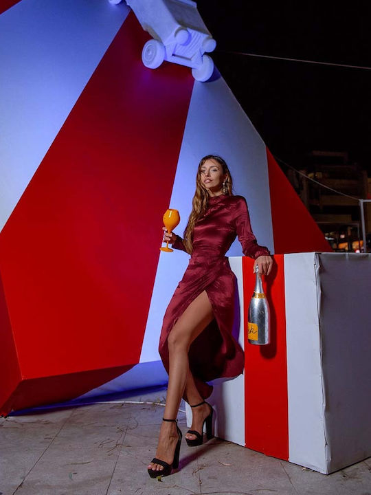 Zoe Midi Βραδινό Φόρεμα με Σκίσιμο Μπορντό
