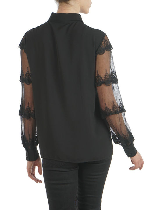 Molly Bracken Shirt Langärmelig Damen Hemd Schwarz Monochrom