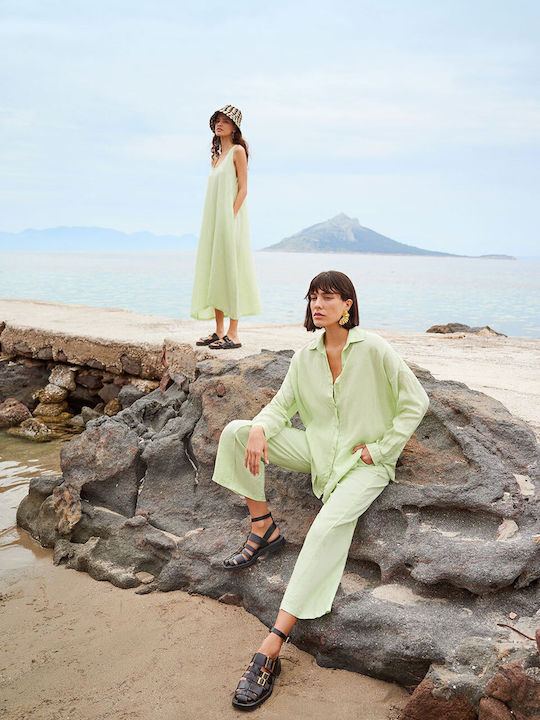 Women's Linen Monochrome Long Sleeve Shirt Green