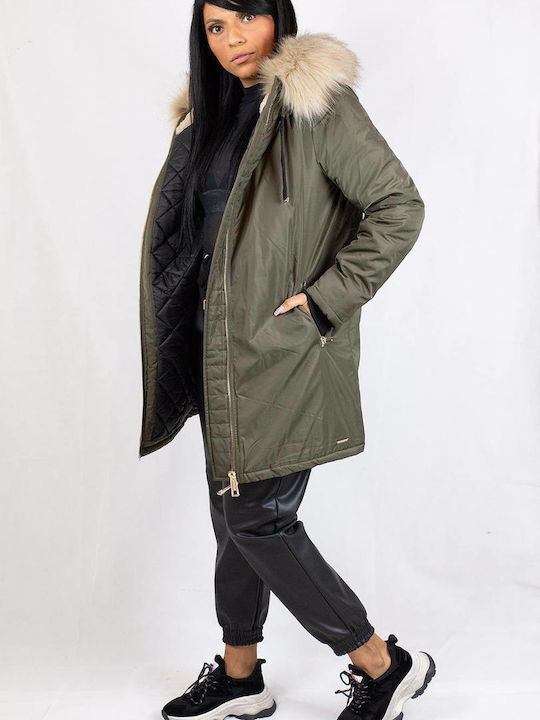 Rino&Pelle Women's Long Parka Jacket for Winter with Detachable Hood Khaki