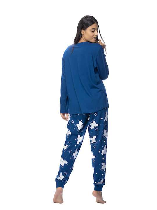 Vienetta Secret Winter Damen Pyjama-Set Baumwolle Marineblau Vienetta Vienetta