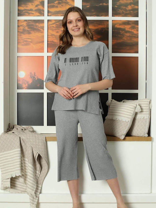 Lindros Sommer Damen Pyjama-Set Baumwolle Gray