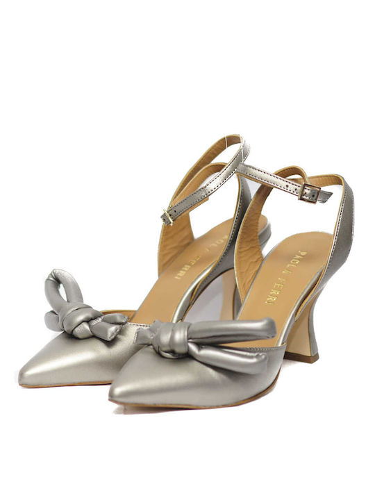 Paola Ferri Leather Silver Heels with Strap