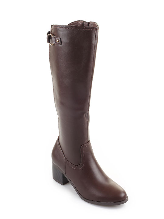 Fshoes Medium Heel Riding Boots with Rubber Brown