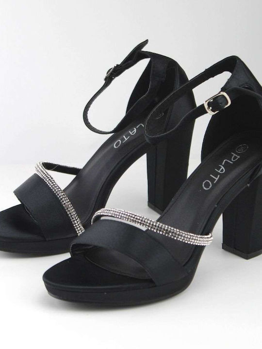 Plato Fabric Women's Sandals with Strass & Ankle Strap Black with Chunky High Heel