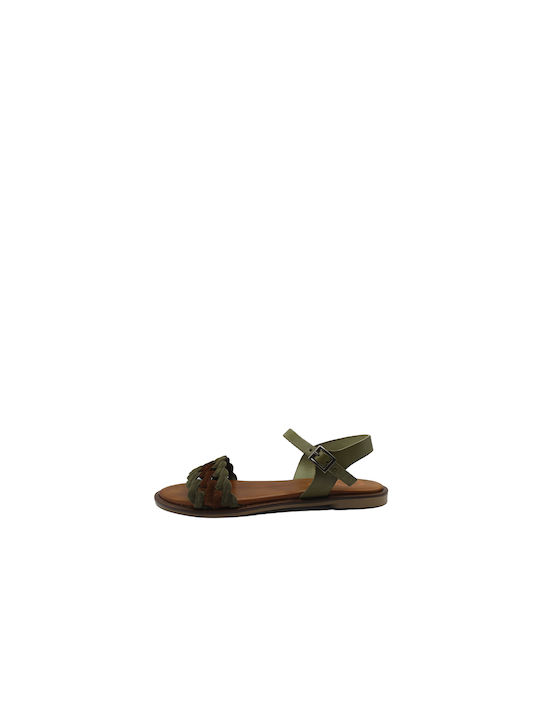 Porronet Leather Women's Flat Sandals in Khaki Color