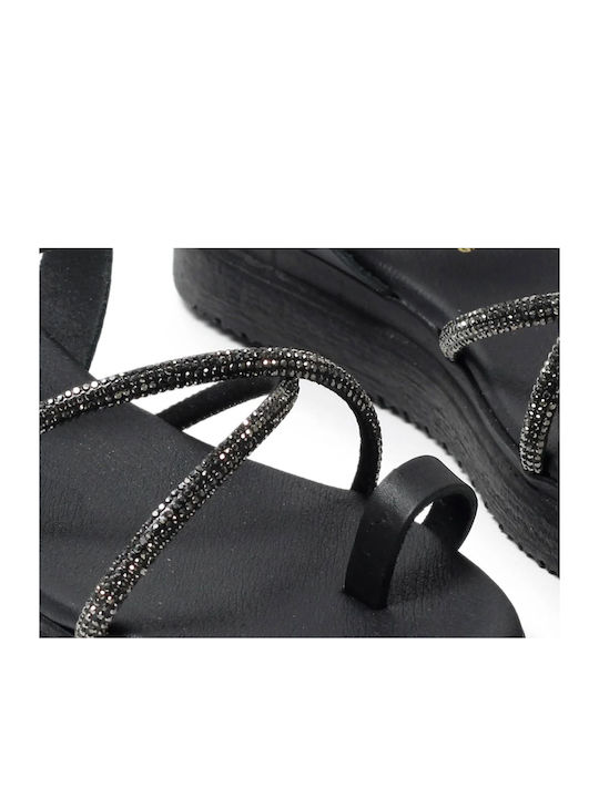 Shoelover Leather Women's Flat Sandals with Strap Flatforms in Black Color