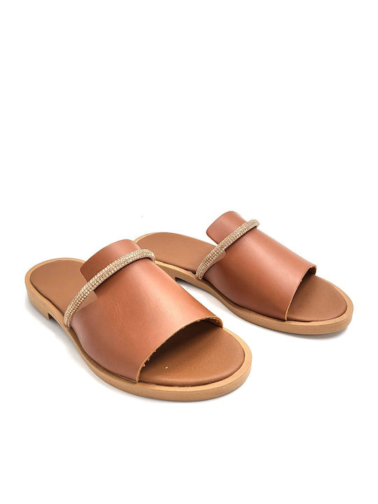 Leather Women's Flat Sandals in Tabac Brown Color