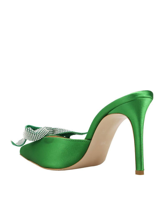 Satin Mules with Thin High Heel in Green Color