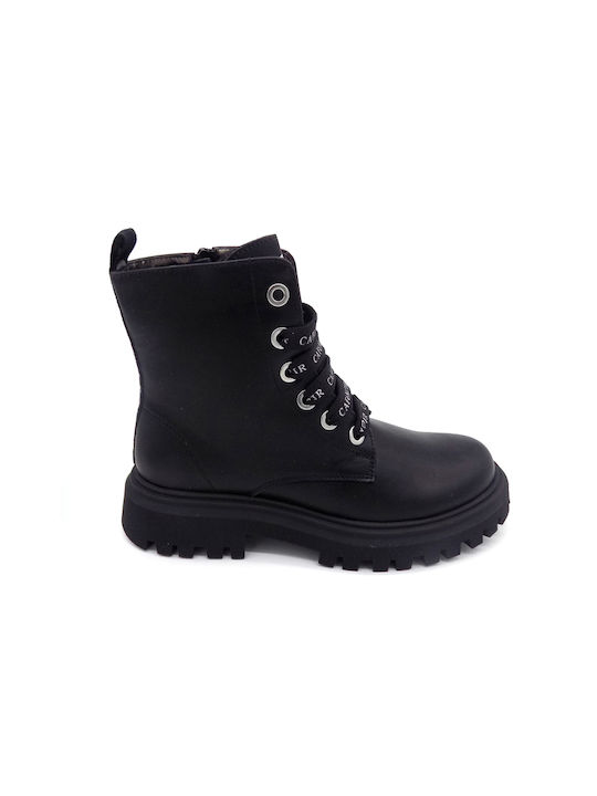 CafeNoir Cafe Kids Leather Military Boots with Zipper Black