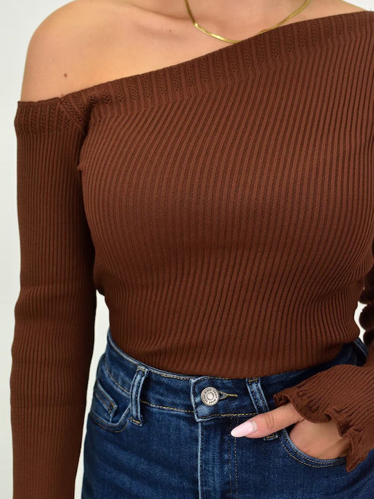 Damen Bluse Schulterfrei Langärmelig Braun