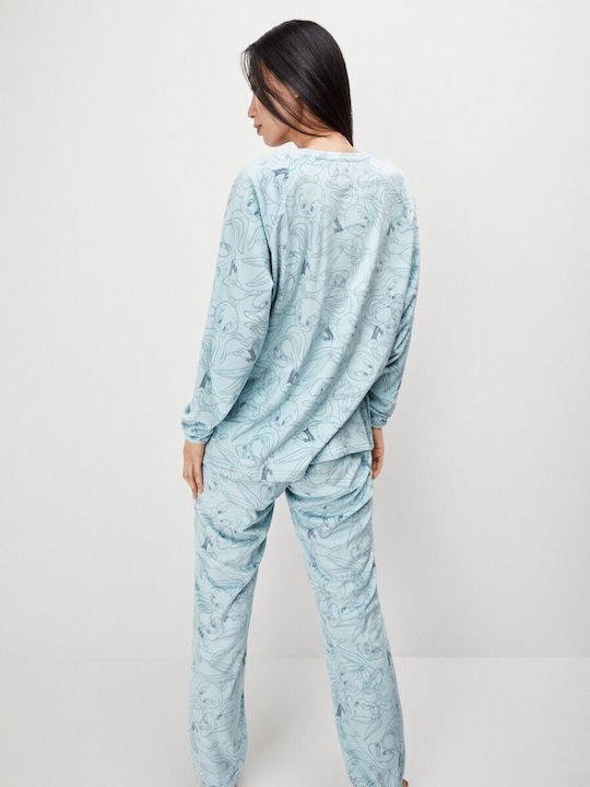 Gisela Winter Damen Pyjama-Set Vlies Hellblau