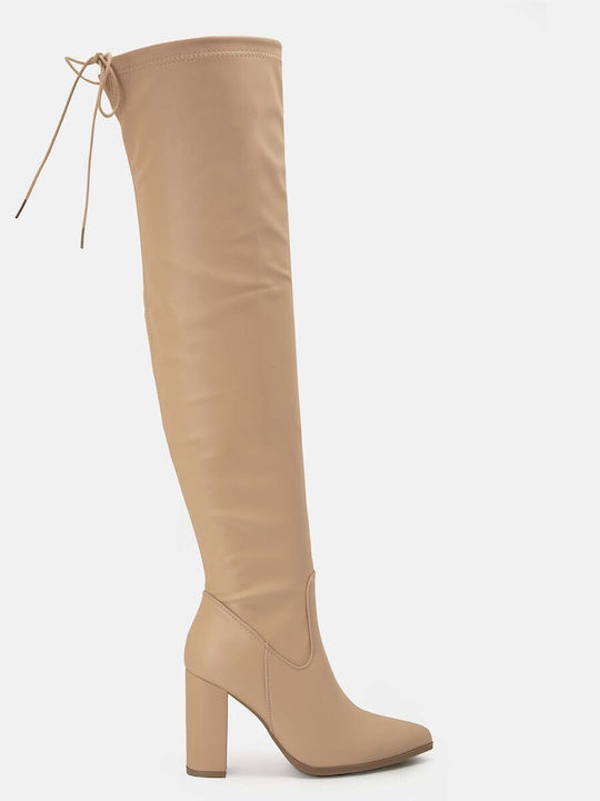 Bozikis Synthetic Leather Over the Knee High Heel Women's Boots Beige