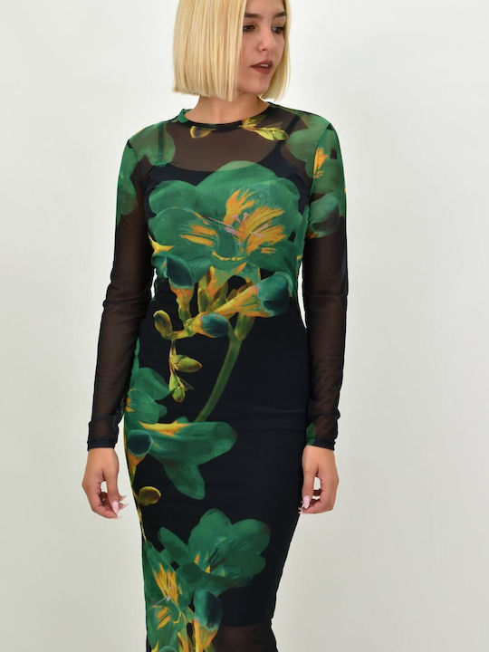 Potre Midi Evening Dress with Sheer Green