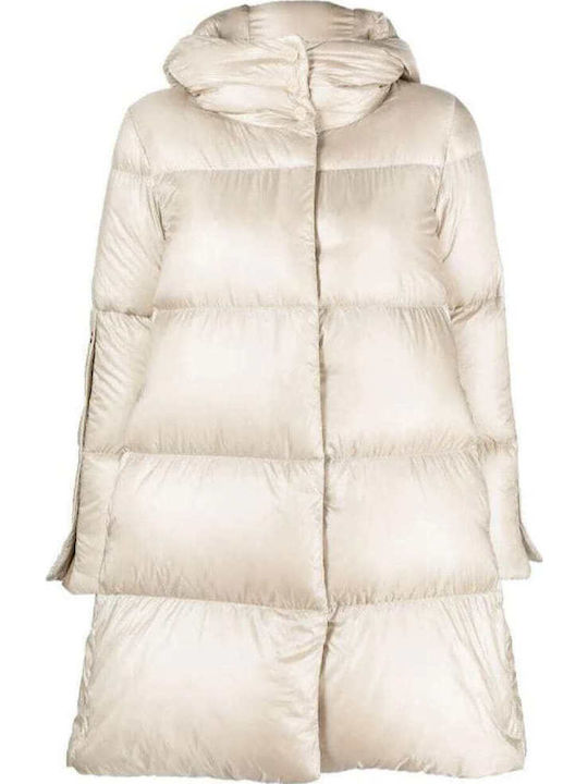 Women's Long Puffer Jacket for Winter with Hood Beige
