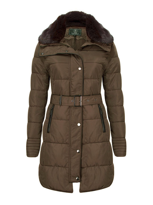 Lang Damen Puffer Jacke mit pelziger Kapuze für Winter Braun