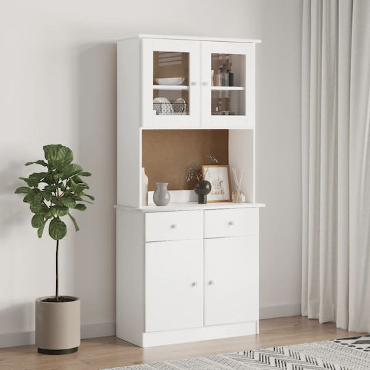 Vitrină de Sufragerie din Lemn Masiv Alb cu Geam 77x30x92cm