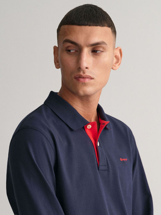 Contrast Polo Long Sleeve Navy Blue Blouse