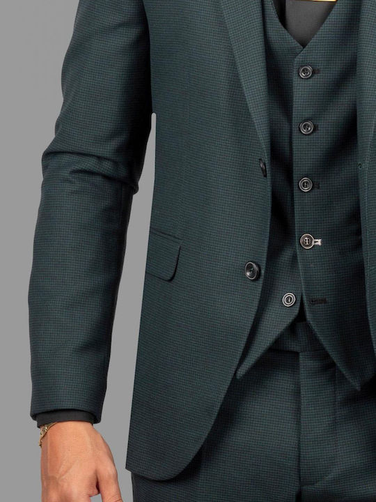 D-Zine Men's Suit with Vest Slim Fit Green