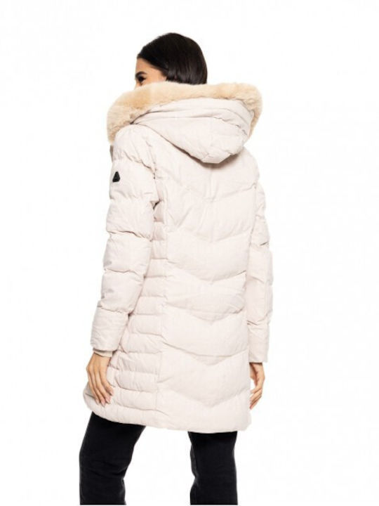 Women's Long Puffer Jacket for Winter with Hood Beige
