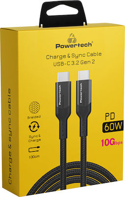 Powertech Braided USB 3.2 Cable USB-C male - USB-C 60W Black 1m (PTR-0135)