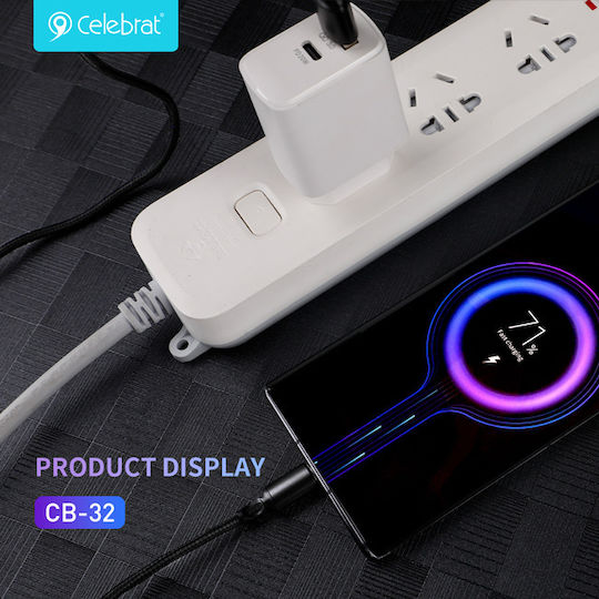 Celebrat Плетен USB 2.0 Кабел USB-C Мъжки - USB-A 15W Черен 1м CB-32A-C