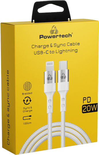 Powertech Braided to Lightning Cable 20W White 1m (PTR-0127)