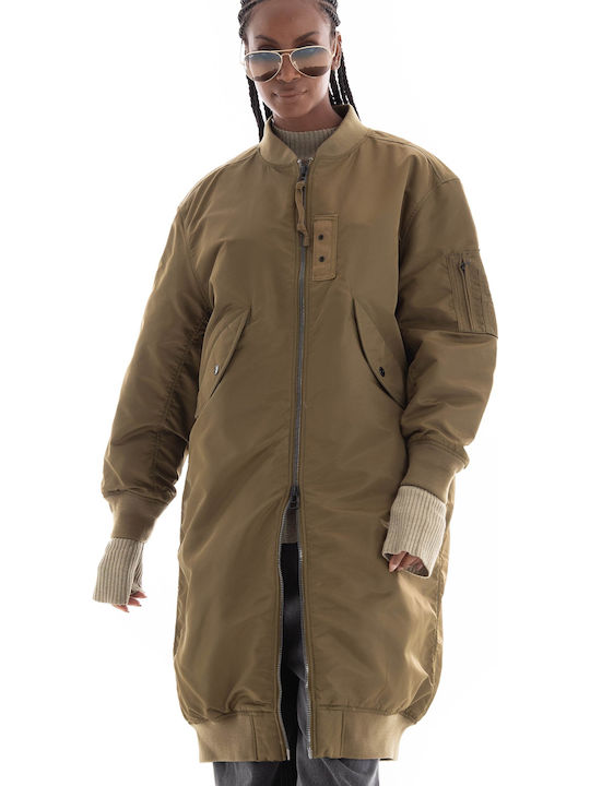 Μακρύ Γυναικείο Bomber Jacket Χακί