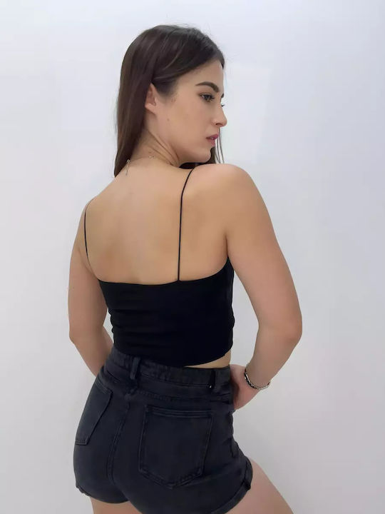 Γυναικείο Καλοκαιρινό Crop Top Βαμβακερό με Τιράντες Μαύρο