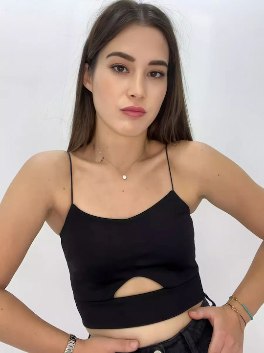Γυναικείο Καλοκαιρινό Crop Top Βαμβακερό με Τιράντες Μαύρο