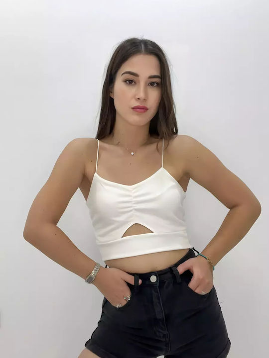 Women's Cotton Crop Top with Spaghetti Straps White