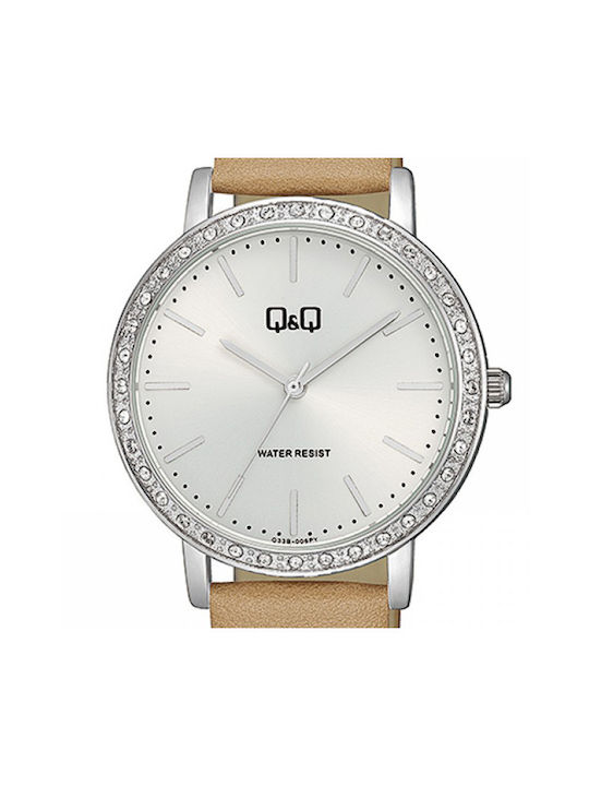 Q&Q Watch Battery with Beige / Beige Leather Strap