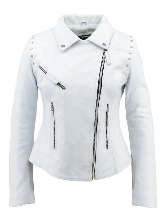 Women's Short Lifestyle Leather Jacket for Winter White